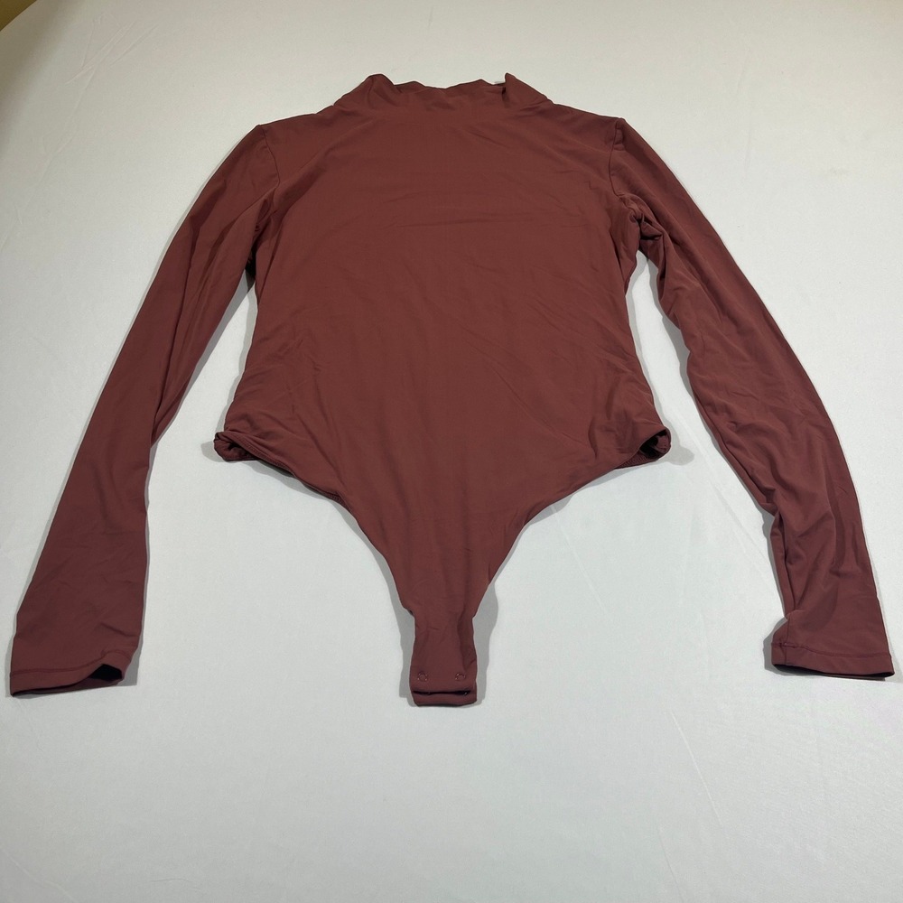 PUMIEI Mock Neck Bodysuit Womens Medium Mauve Long Sleeve Thong Snap